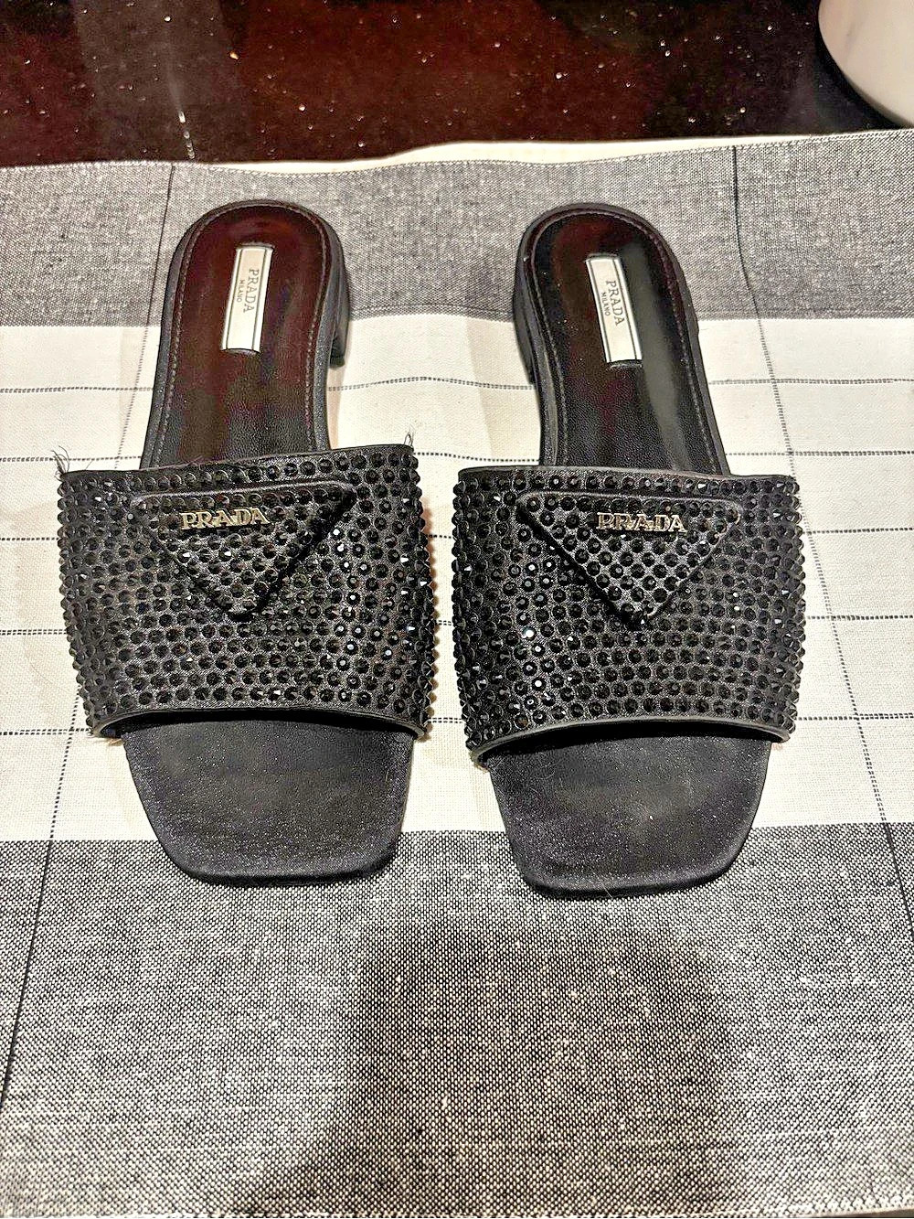 Prada Crystal-Embellished Satin Slides Black Embellished Slide Mules